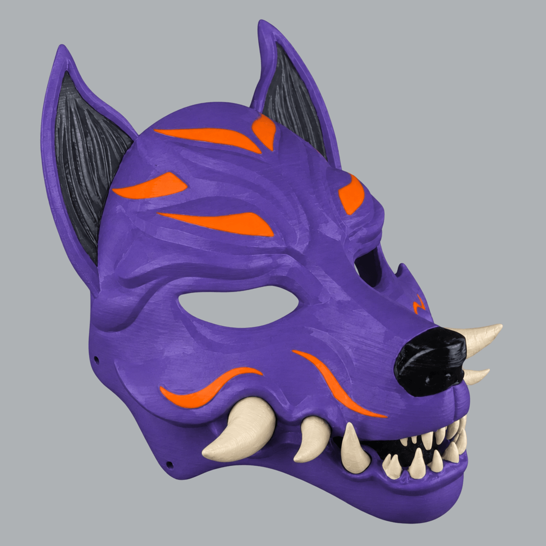 Space Armory Kitsune Fox Mask With Fangs - Royal Purple / Pure Orange / Ivory Masks
